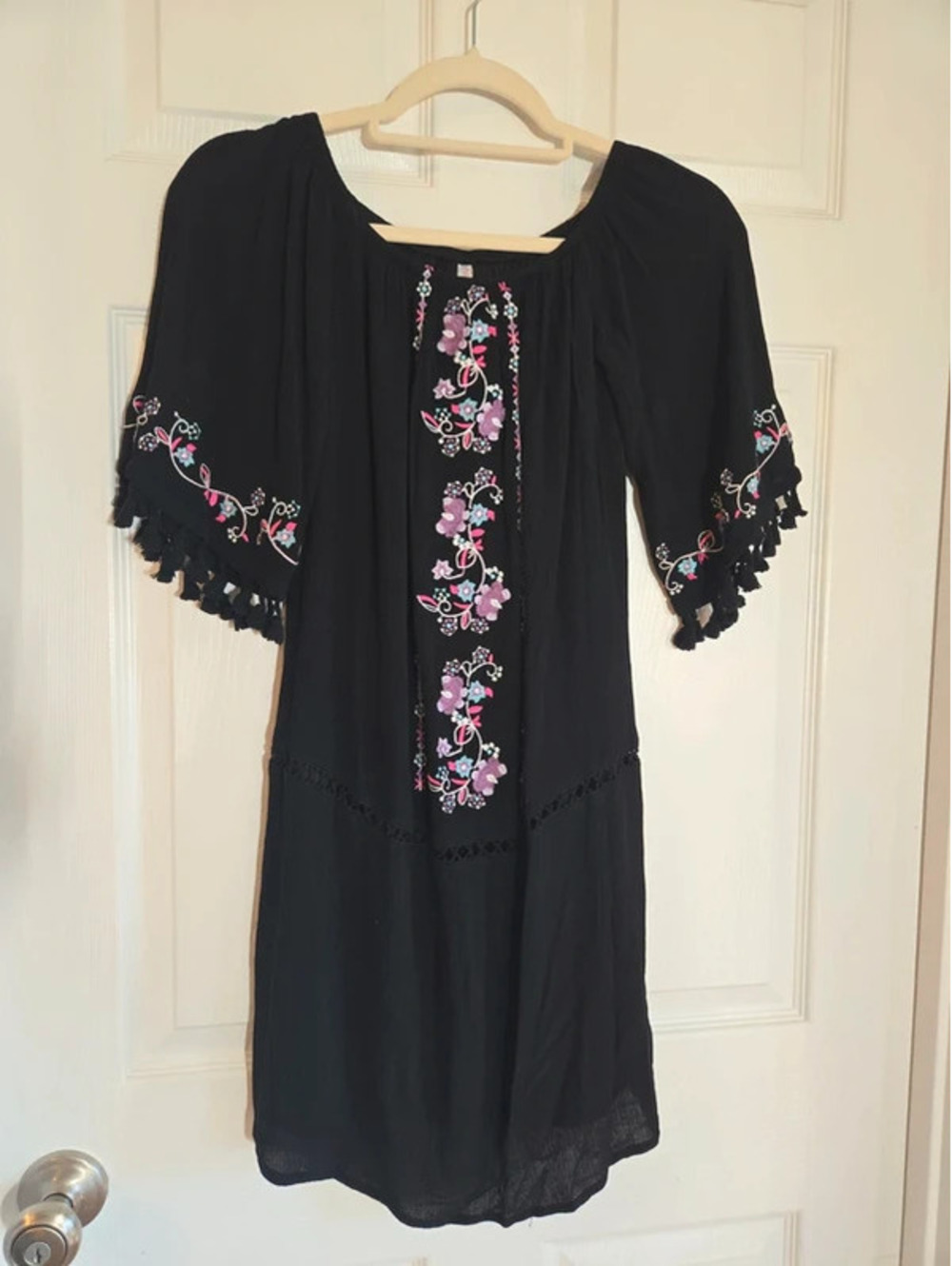 Xhileration black embroidered dress with tassels